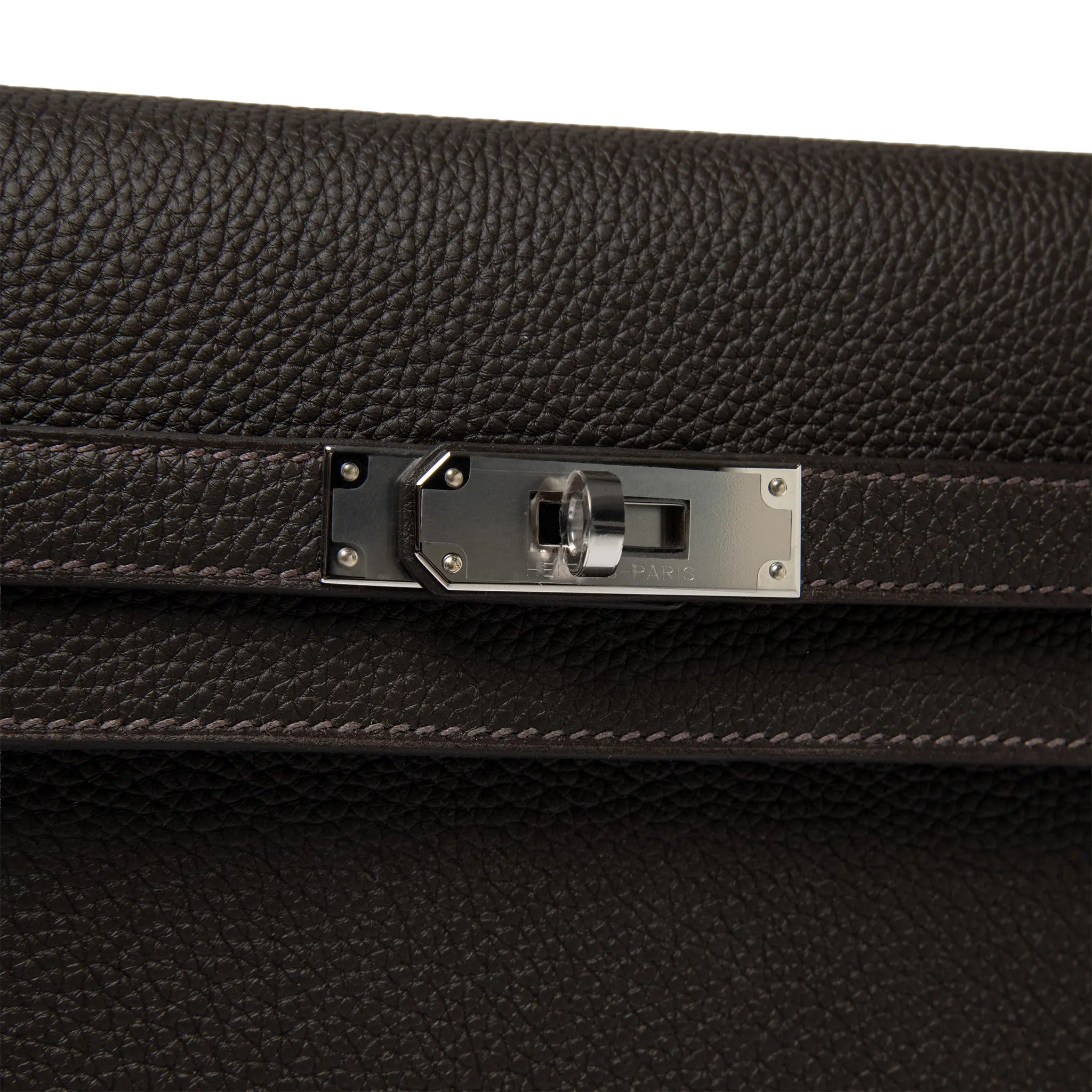 Detailed View of Hermes Kelly Depeches 25 Negonda Calfskin Bai Brun Palladium Hardware